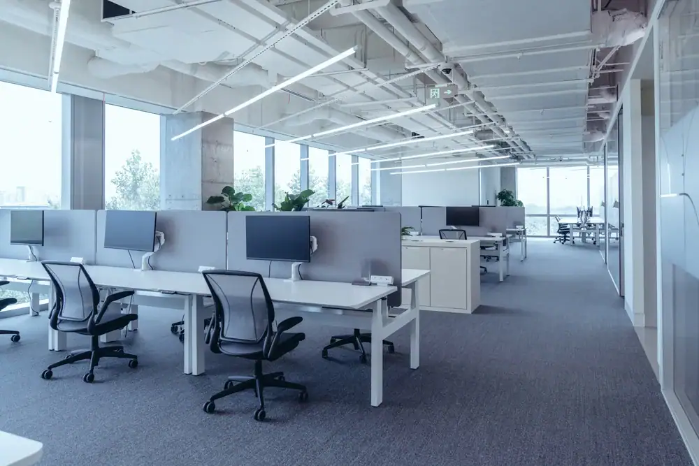 A modern, open-plan office with rows of desks, black chairs, computer monitors, and grey partitions. Large windows let in natural light, and plants are placed throughout the space. The clean look suggests recent carpet cleaning in Houston County, TX.