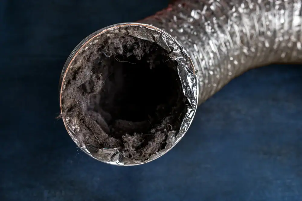 A close-up of a flexible silver dryer vent hose with a large buildup of dark lint and debris inside the opening, against a dark blue background—perfect for illustrating the need for carpet cleaning in Houston County, TX.