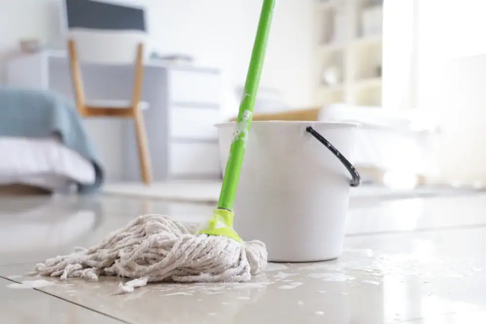 A mop and white bucket sit on a shiny tile floor with some spilled water, in a bright, tidy room—perfectly maintained by expert carpet cleaning Houston County, TX professionals. Blurred furniture completes the spotless scene.